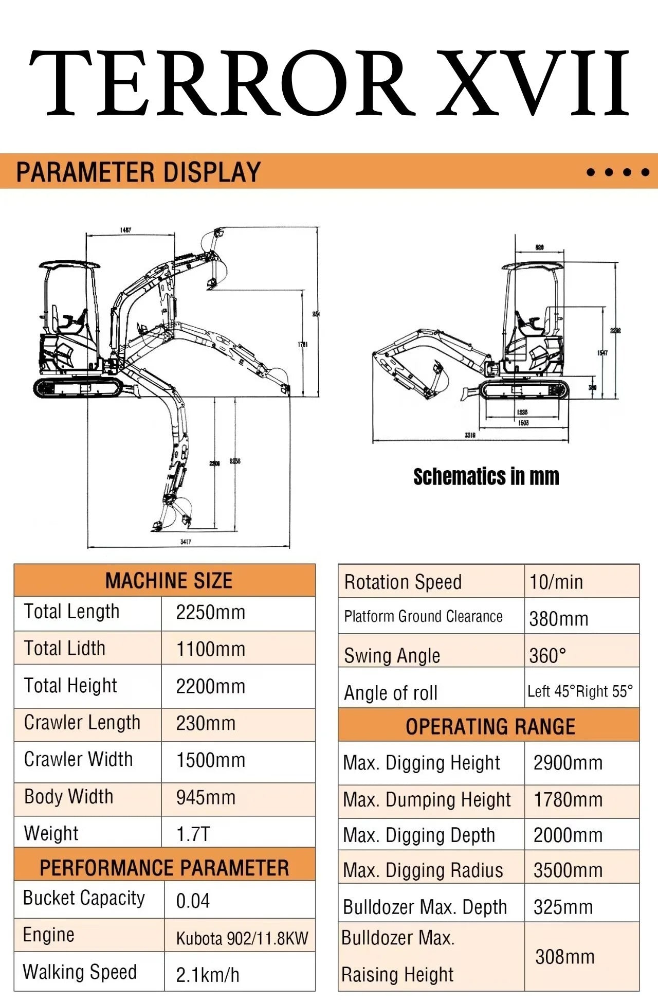 2025 3,800 lb TYPHON TERROR XVII Mini Excavator Rubber Track with Kubota D902 Diesel Engine USA