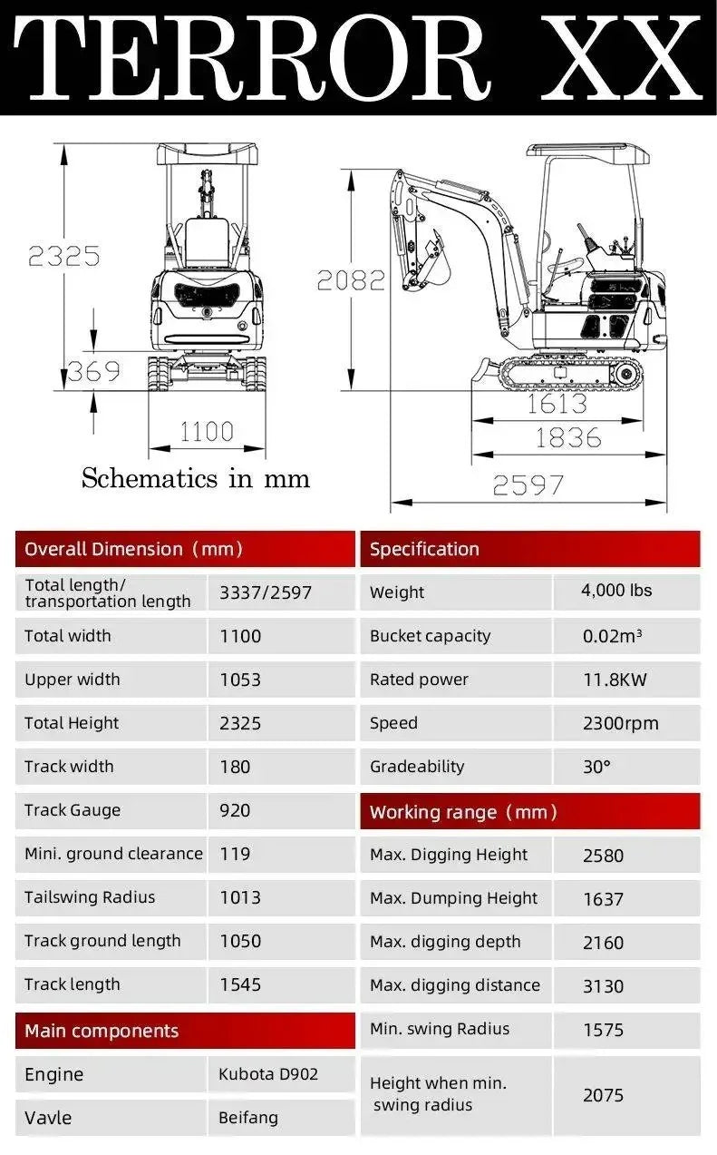 2025 4,000 lb TYPHON TERROR XX Mini Excavator โ Kubota D902 Diesel Engine | EPA Certified
