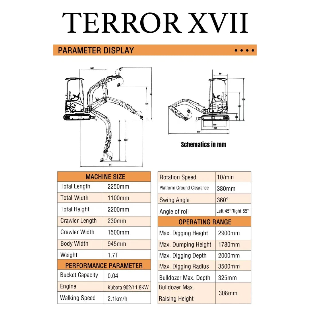 2025 TYPHON TERROR XVII – 4,000 lb Cabin Mini Excavator Powered by Kubota D902 Diesel Engine | EPA Certified