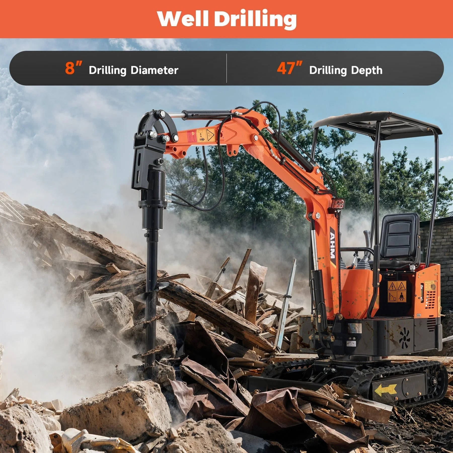 8″ Hydraulic Auger Drill Attachment for Mini Excavator 45″ Depth