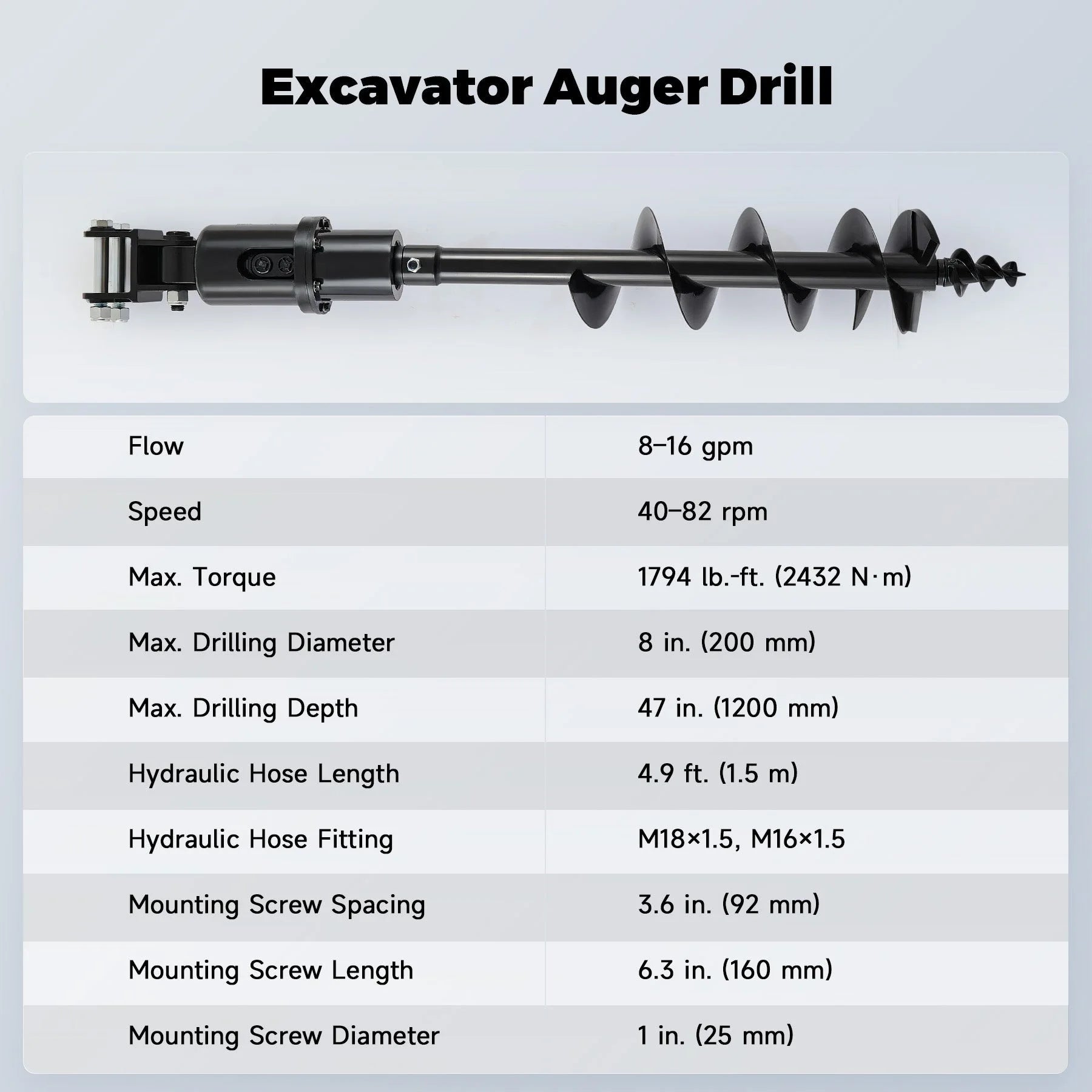 8″ Hydraulic Auger Drill Attachment for Mini Excavator 45″ Depth