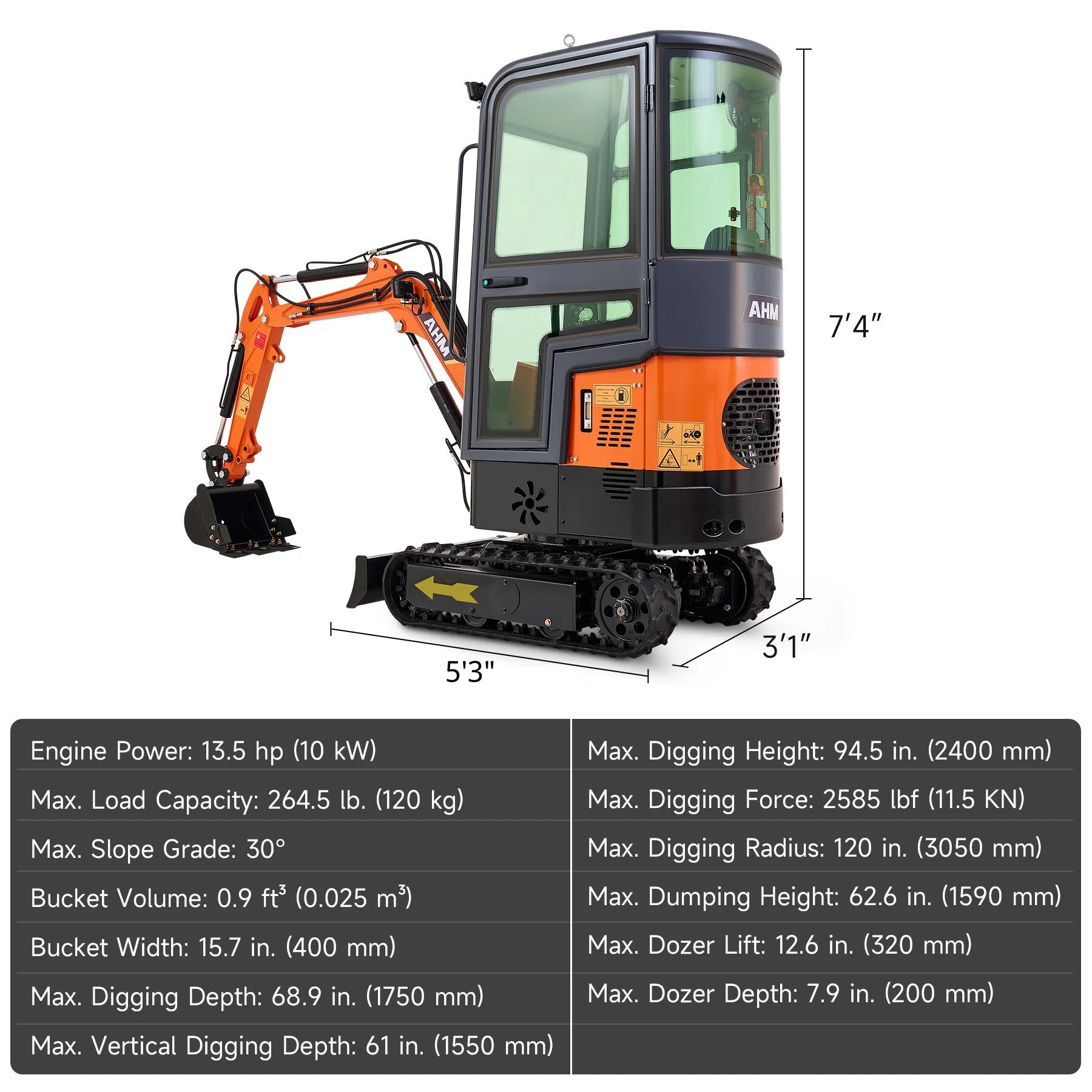 AX-12C | 13.5 HP B&S Engine Mini Excavator with Enclosed Cab
