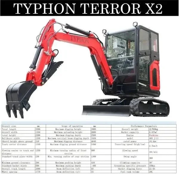 2025 TYPHON TERROR X2 Mini Excavator – 2.7 Ton | Perkins 403J‑11 Diesel Engine | EPA Certified