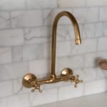 Unlacquered Brass Wall Mount Kitchen Faucet – Vintage Sink Tap with Cross Handles
